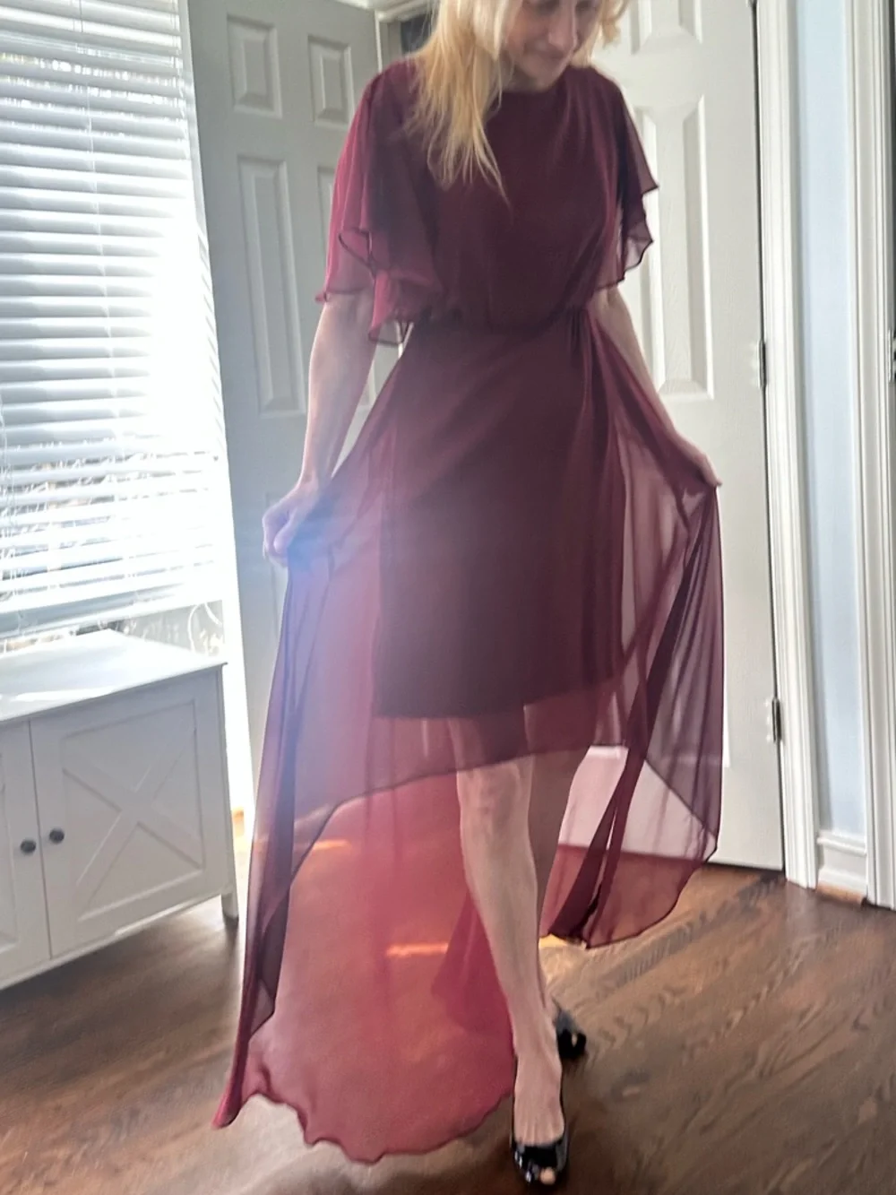 Women’s Burgundy High-Low Chiffon Event Prom Mother of the Bride Dress 2 - Picture 3 of 10